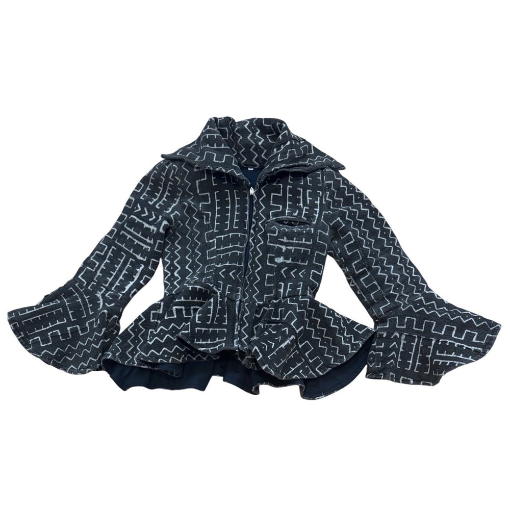 Unique Geometric Print Mud Cloth Peplum Jacket Bell Sleeves Collar - Picture 2 of 7
